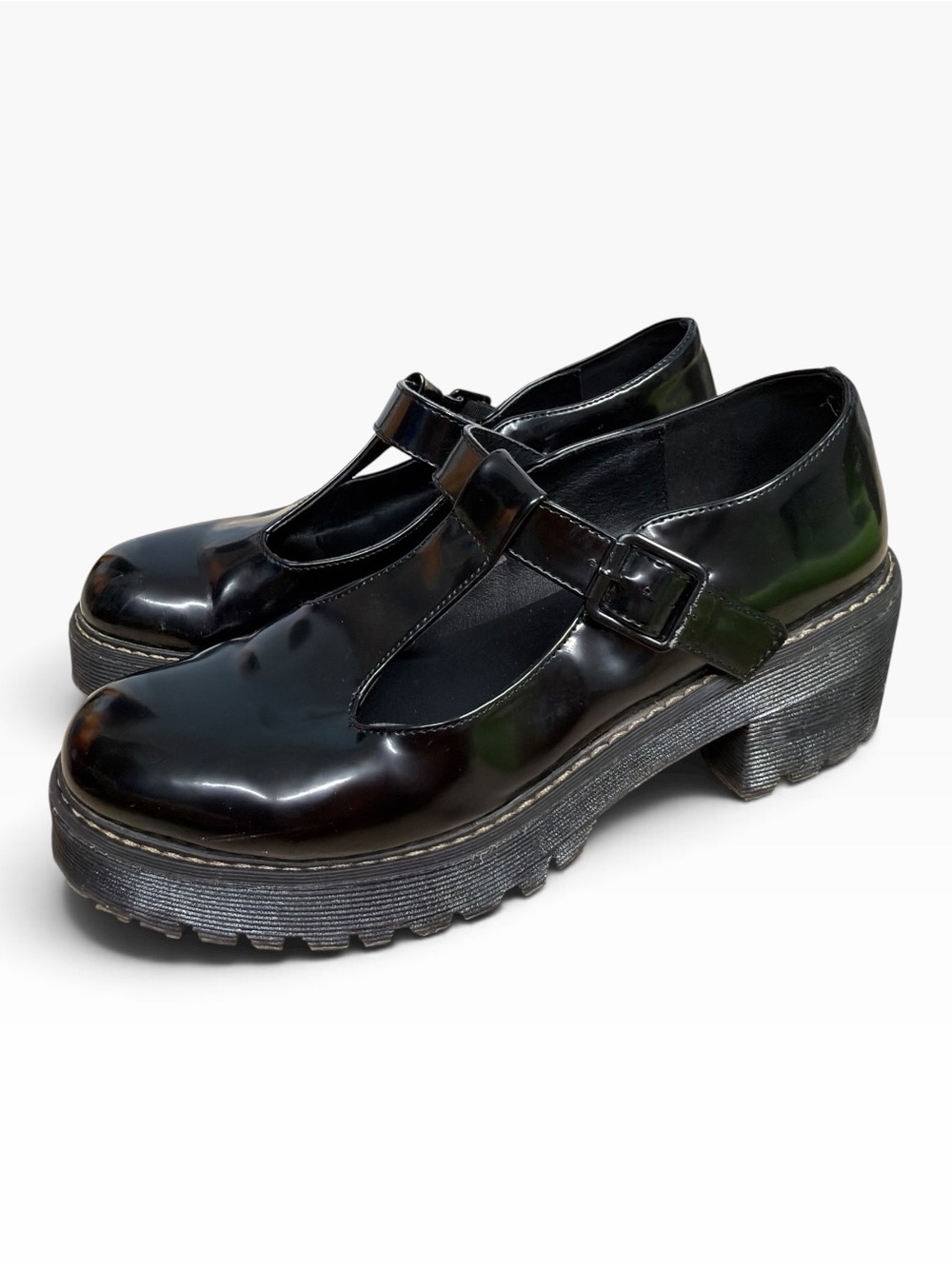 Madden Girl Black Patent T-Strap Mary Jane Platform Lug Sole Shoes Womens 10